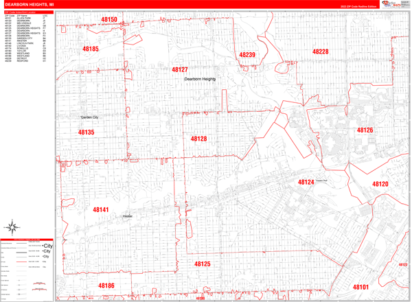 Dearborn Heights City Wall Map Red Line Style